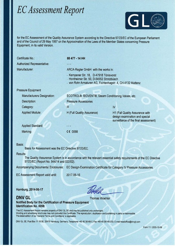 Certificaat EC Directive 97/23/EC